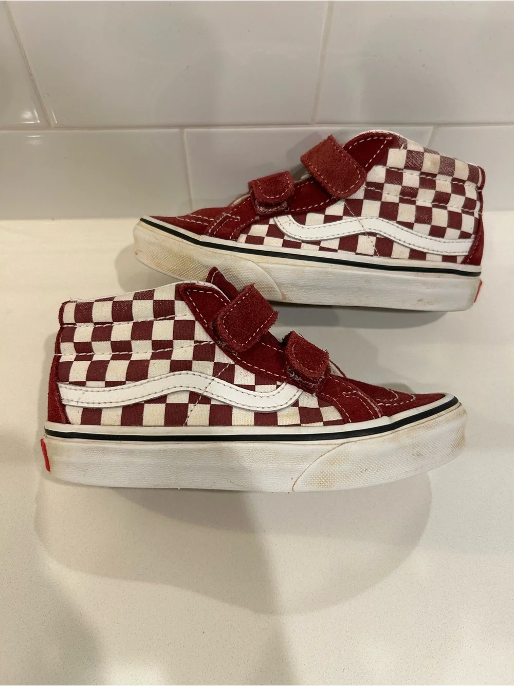 Preloved Vans Red/Maroon Checkerboard Mid Sk8 Kids Shoes Size 13!
